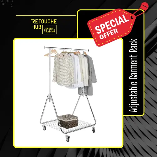 Garment Clothes Rack Stand, Adjustable, Full Chrom, Wheels & Bottom Grid Shelf Retouche Hub General Trading L.L.C
