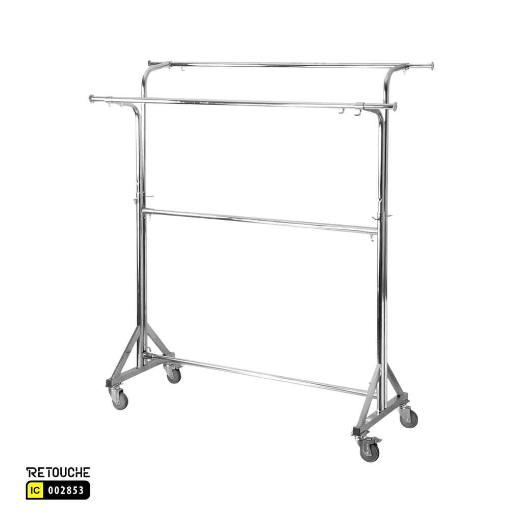 Garment Clothes Stand, Double Rails, Adjustable, Full Chrome, With Wheels Retouche Hub General Trading L.L.C