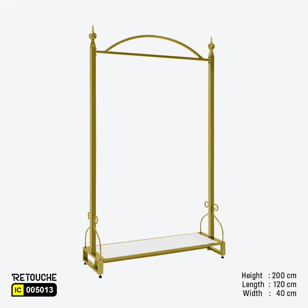 Metal garment clothes hanging stand, Gold metal frame clothes rack
White wood shelf garment stand, Stylish wardrobe organizer stand
Durable garment display rack, Modern clothes rack with shelf
Elegant storage solution for garments, Luxurious hanging stand for clothes, Versatile garment stand for home and retail, Sleek gold frame clothes organizer
