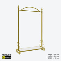 Metal garment clothes hanging stand, Gold metal frame clothes rack
White wood shelf garment stand, Stylish wardrobe organizer stand
Durable garment display rack, Modern clothes rack with shelf
Elegant storage solution for garments, Luxurious hanging stand for clothes, Versatile garment stand for home and retail, Sleek gold frame clothes organizer
