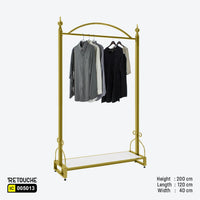 Metal garment clothes hanging stand, Gold metal frame clothes rack
White wood shelf garment stand, Stylish wardrobe organizer stand
Durable garment display rack, Modern clothes rack with shelf
Elegant storage solution for garments, Luxurious hanging stand for clothes, Versatile garment stand for home and retail, Sleek gold frame clothes organizer
