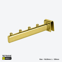 Gold display hook for oval crossbar, Durable metal retail hook
Elegant golden merchandising hook, Oval crossbar display hook
Retail hook with bead design, Stylish gold display hook for stores
Metal display hook for merchandise, Premium golden retail fixture accessory, High-end display hook for retail spaces, Durable gold hook for organized displays