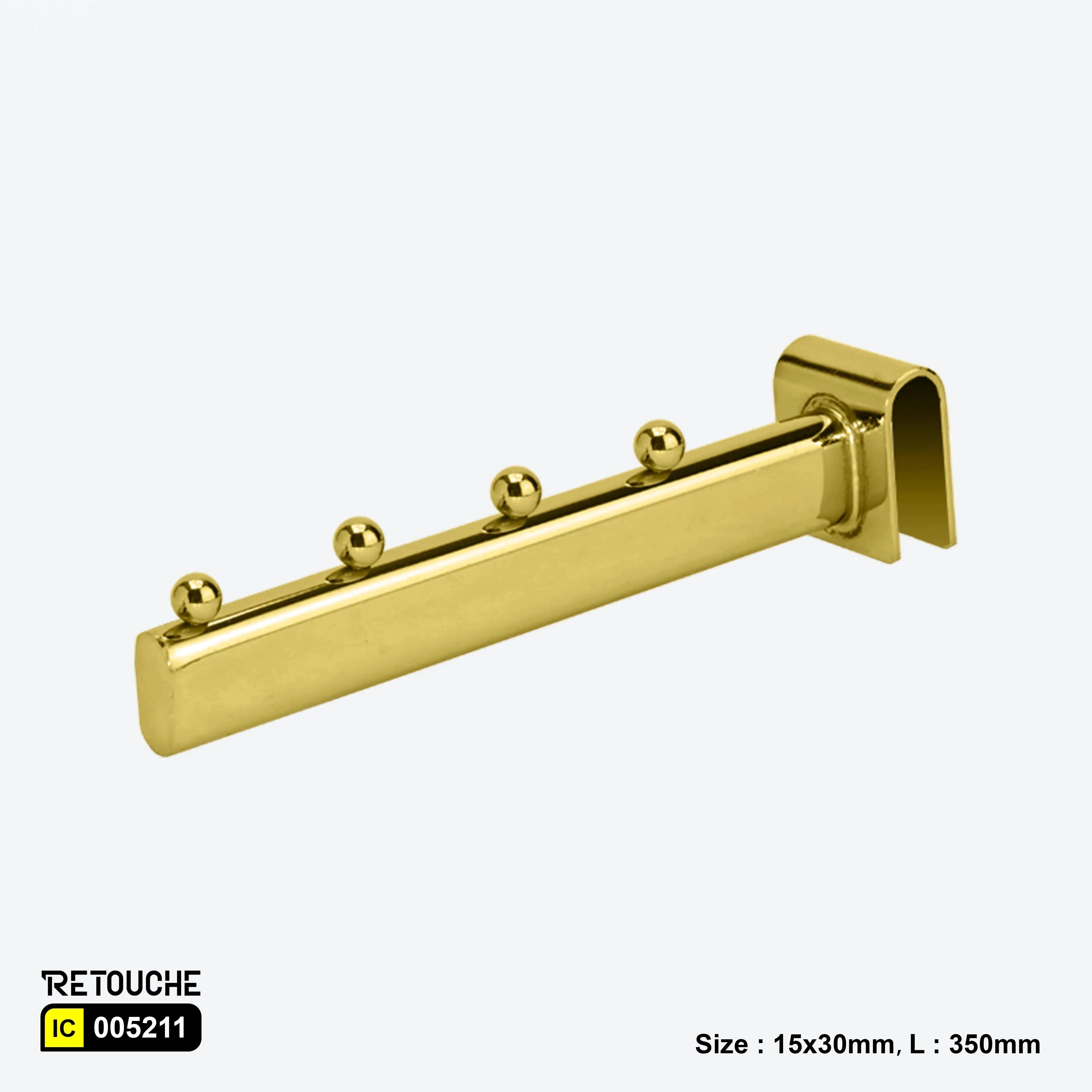 Gold display hook for oval crossbar, Durable metal retail hook
Elegant golden merchandising hook, Oval crossbar display hook
Retail hook with bead design, Stylish gold display hook for stores
Metal display hook for merchandise, Premium golden retail fixture accessory, High-end display hook for retail spaces, Durable gold hook for organized displays