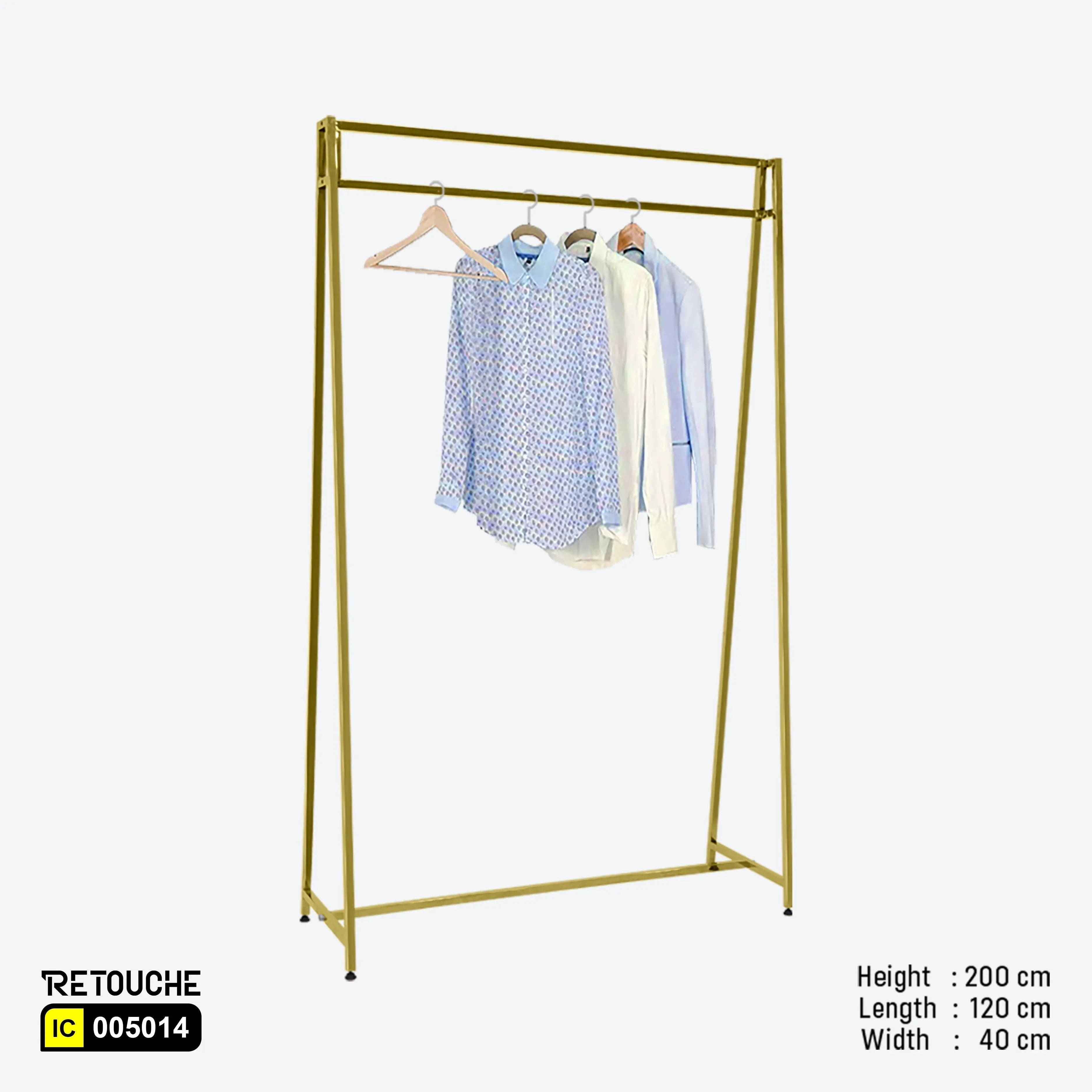 Metal garment clothes hanging stand, Gold metal frame clothes rack
Stylish wardrobe organizer stand, Durable clothes hanging stand
Modern garment rack with gold frame, Elegant clothes stand for home and boutique, Luxurious wardrobe organizer
Heavy-duty clothes rack, Minimalist gold garment stand, Sophisticated clothes hanging solution
