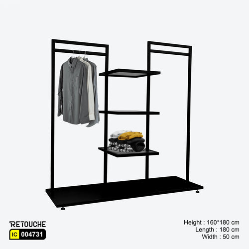 MS Stand Black W/ 3 Mdf Shelf Double Side Hanging Clothes Stands