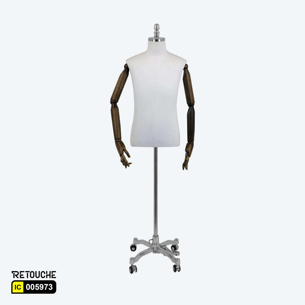 Male Mannequin, Torso, Headless, with Wooden Arms, Height- Adjustable, Beige Male Mannequin