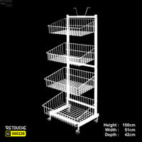 Metal Display Stand, 4-Tier with Wire Baskets, and Wheels Shelving Systems