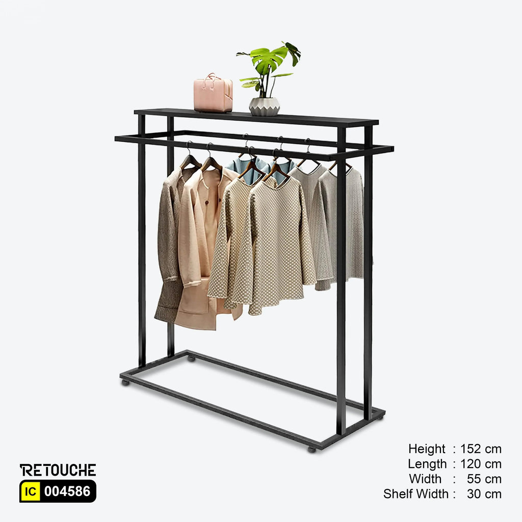Metal Garment Clothes Rack Stand, Double Rail, Wooden Shelf on Top, Black Color Clothes Stands