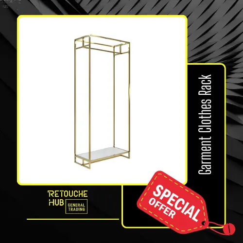 Metal Garment Clothes Rack Stand, Gold Metal Frame, White Wood Shelf Retouche Hub General Trading L.L.C