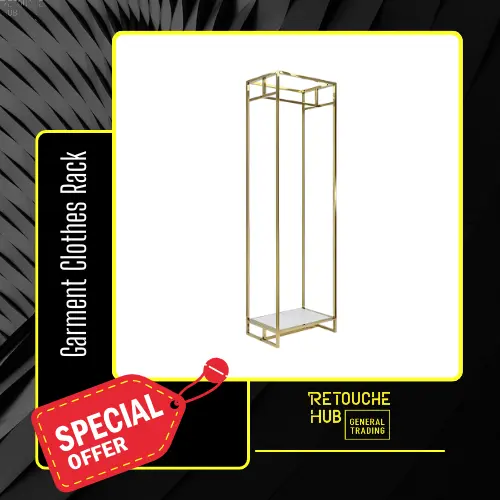 Metal Garment Clothes Rack Stand, Gold Metal Frame, White Wood Shelf Retouche Hub General Trading L.L.C