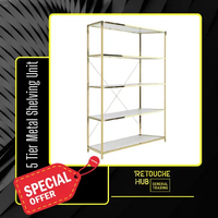 Metal Shelving Unit, 5 Tier, Gold Metal and White Wood Shelves Retouche Hub General Trading L.L.C