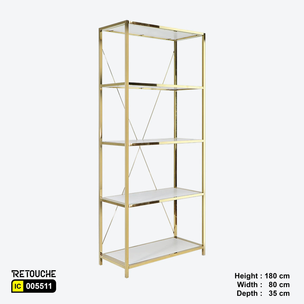 Metal Shelving Unit, 5 Tier, Gold Metal and White Wood Shelves Shelving Systems