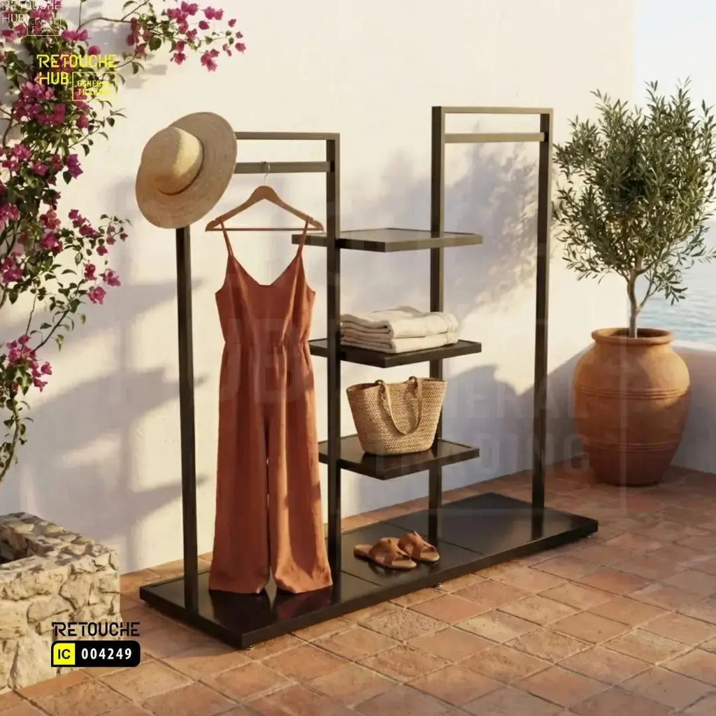 Modern Metal Clothing Display Stand With Center Shelves Retouche Hub General Trading L.L.C