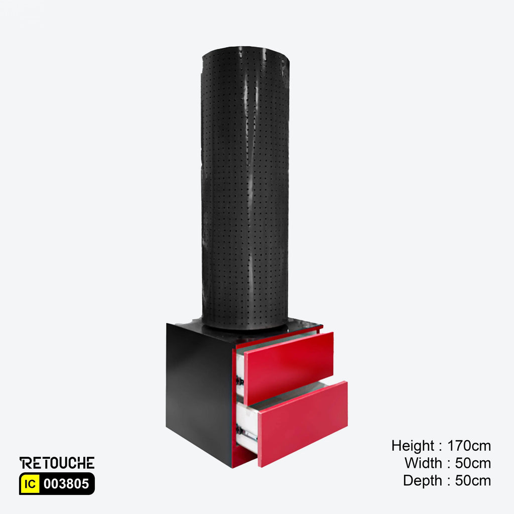 Perforated Cylinder Stand, Rotatable, with Two Wooden Drawers Displays & Showcases