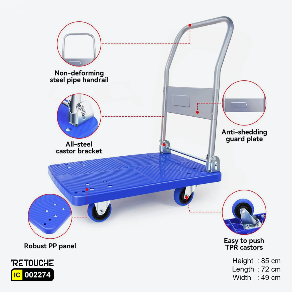 Platform Trolley, Foldable Handle, 360 Degree Swivel Wheels, Durable Supermarket Equipment