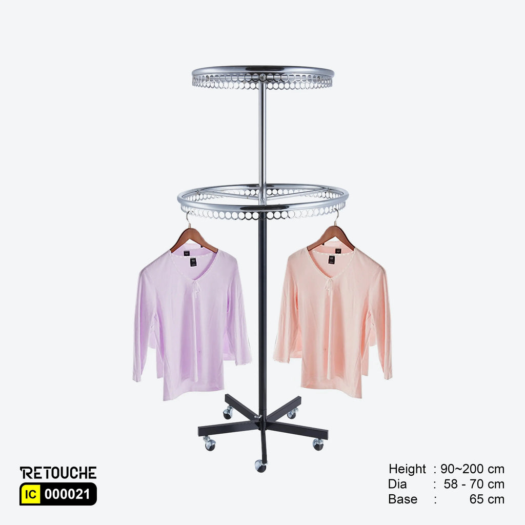 Round Rotating Clothes Rack Stand, Metal Chrome & Black, Height Adjustable Clothes Stands