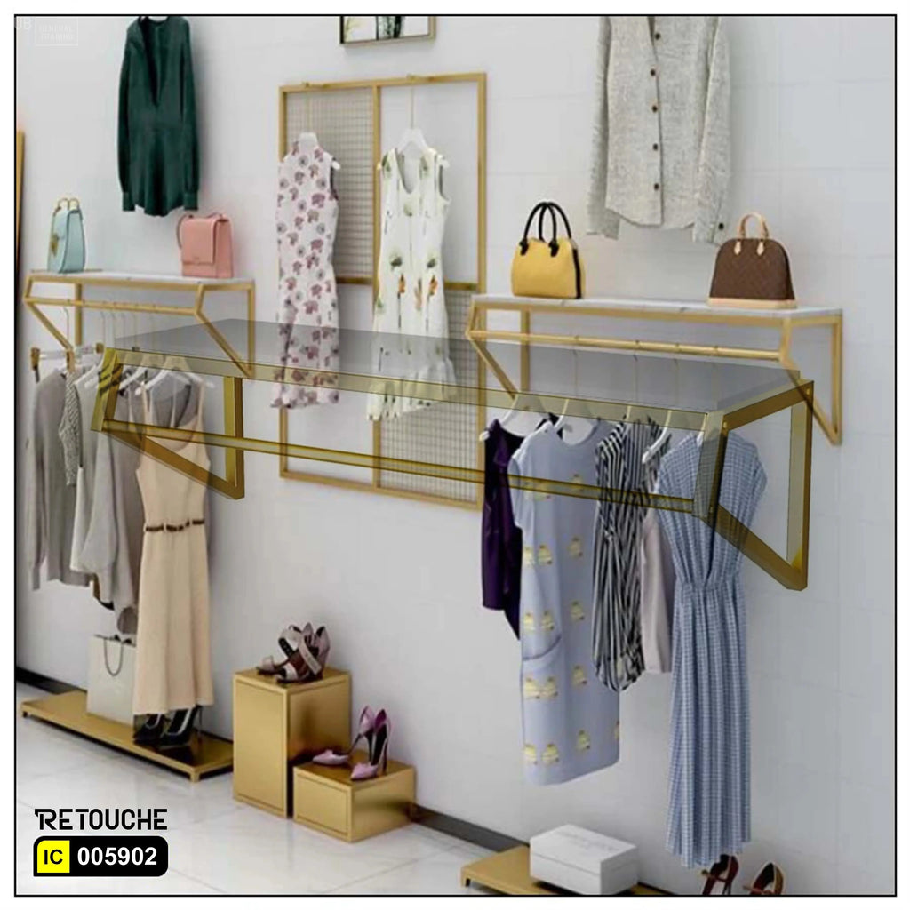 Wall-Mounted Display Rack, Metal, Gold Stainless Steel with White MDF Shelf Displays & Showcases