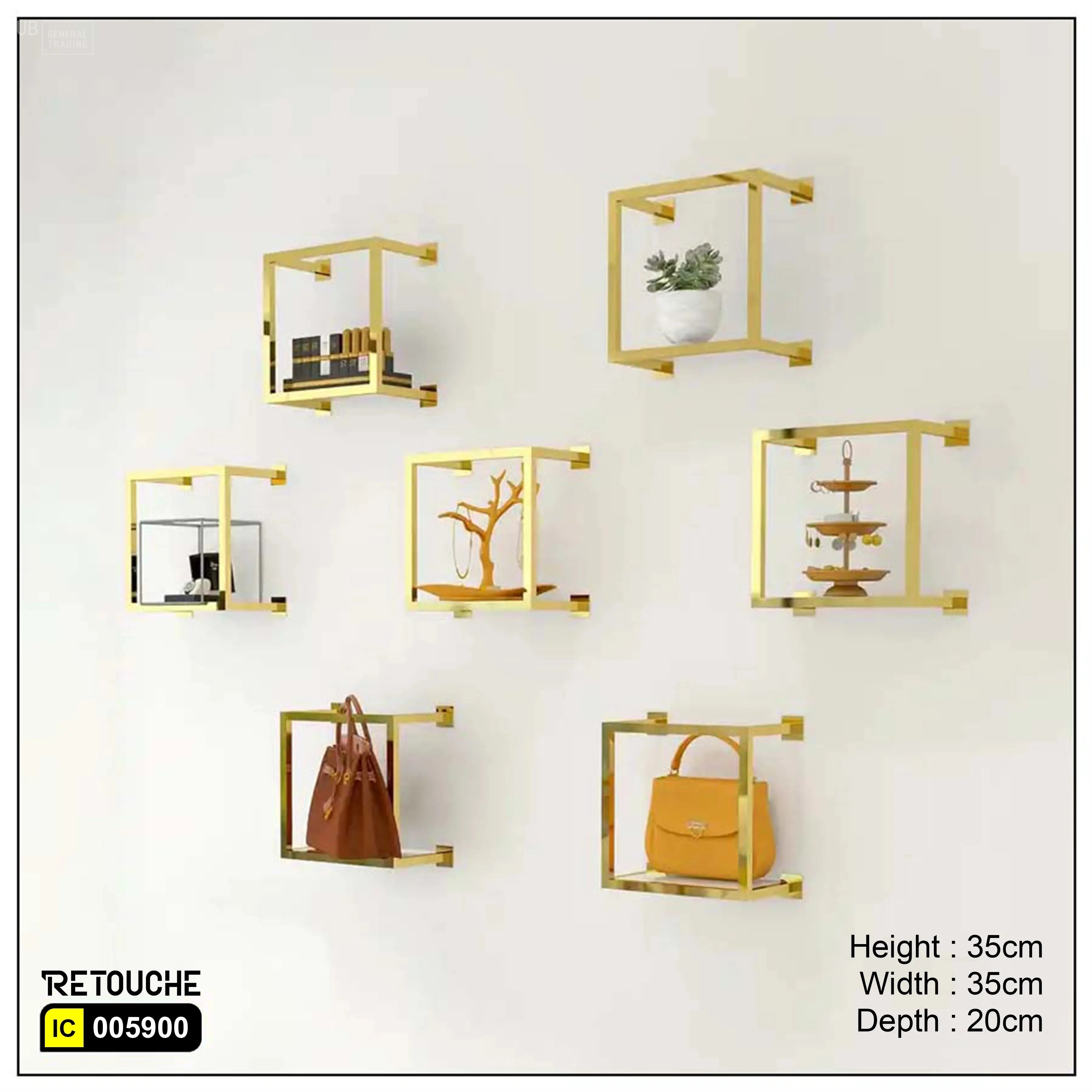 Wall-Mounted Display Shelf, Metal, Gold Stainless Steel with White MDF Shelf Displays & Showcases