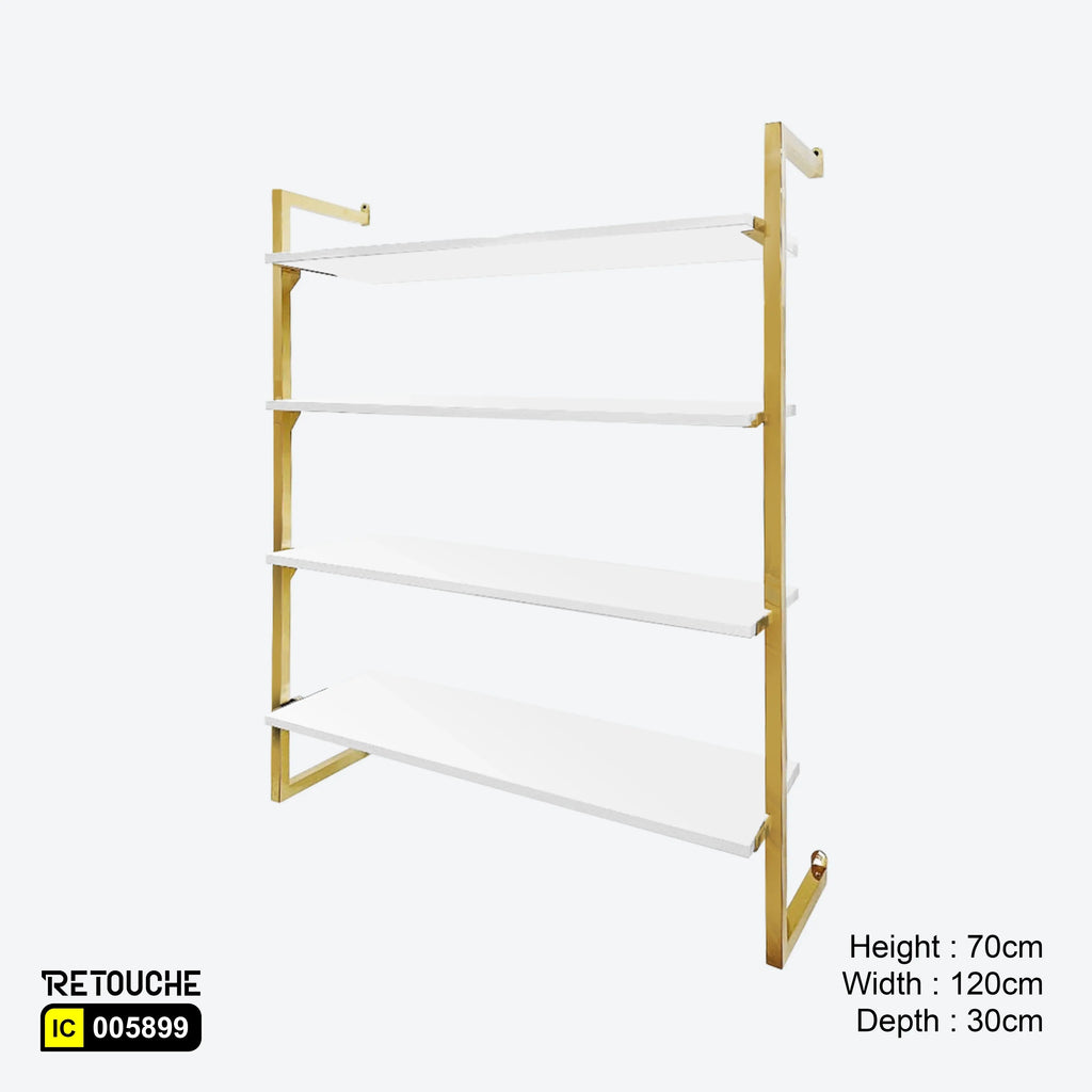 Wall-Mounted Display, Metal, Gold Stainless Steel with 4 White MDF Shelves Displays & Showcases