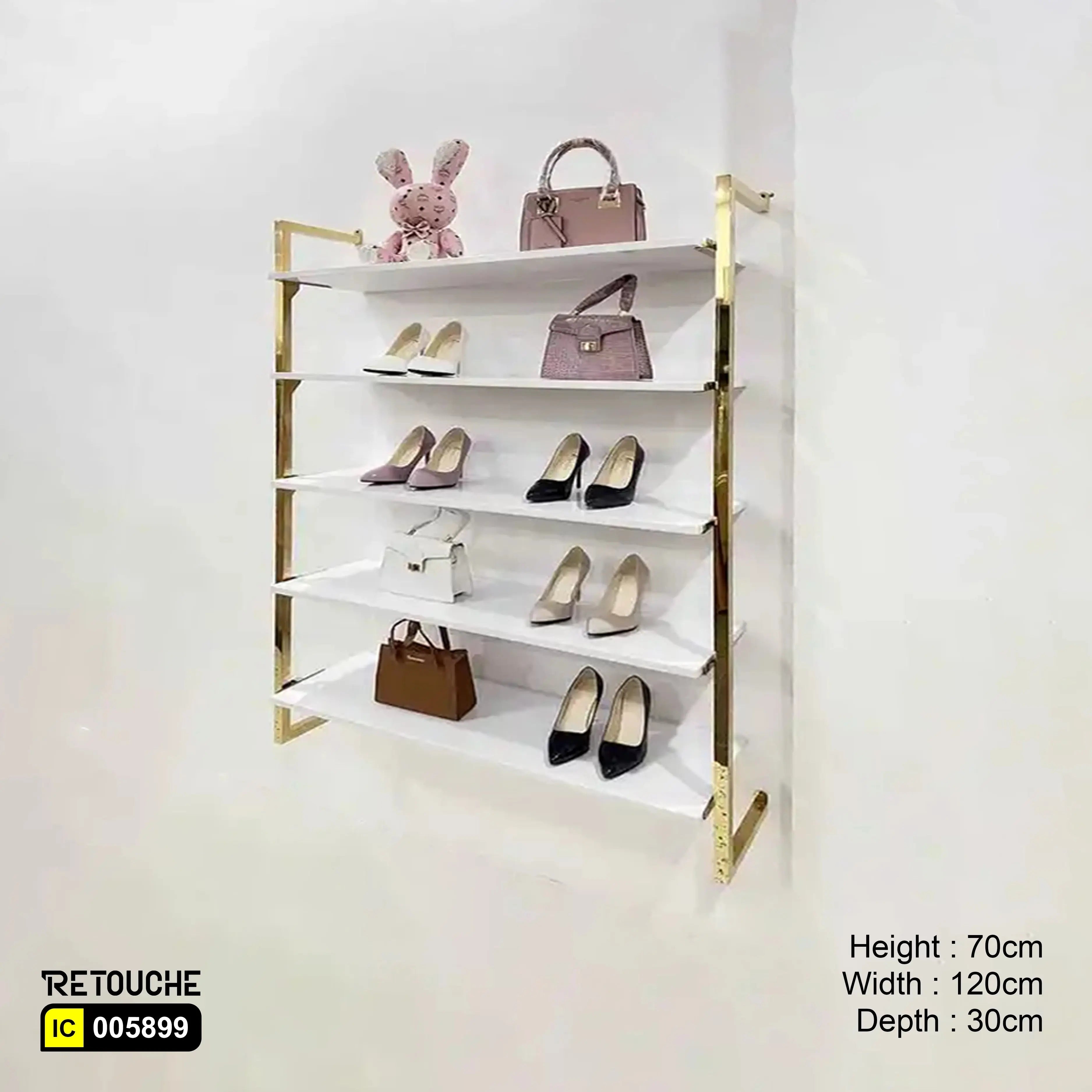 Wall-Mounted Display, Metal, Gold Stainless Steel with 4 White MDF Shelves Displays & Showcases