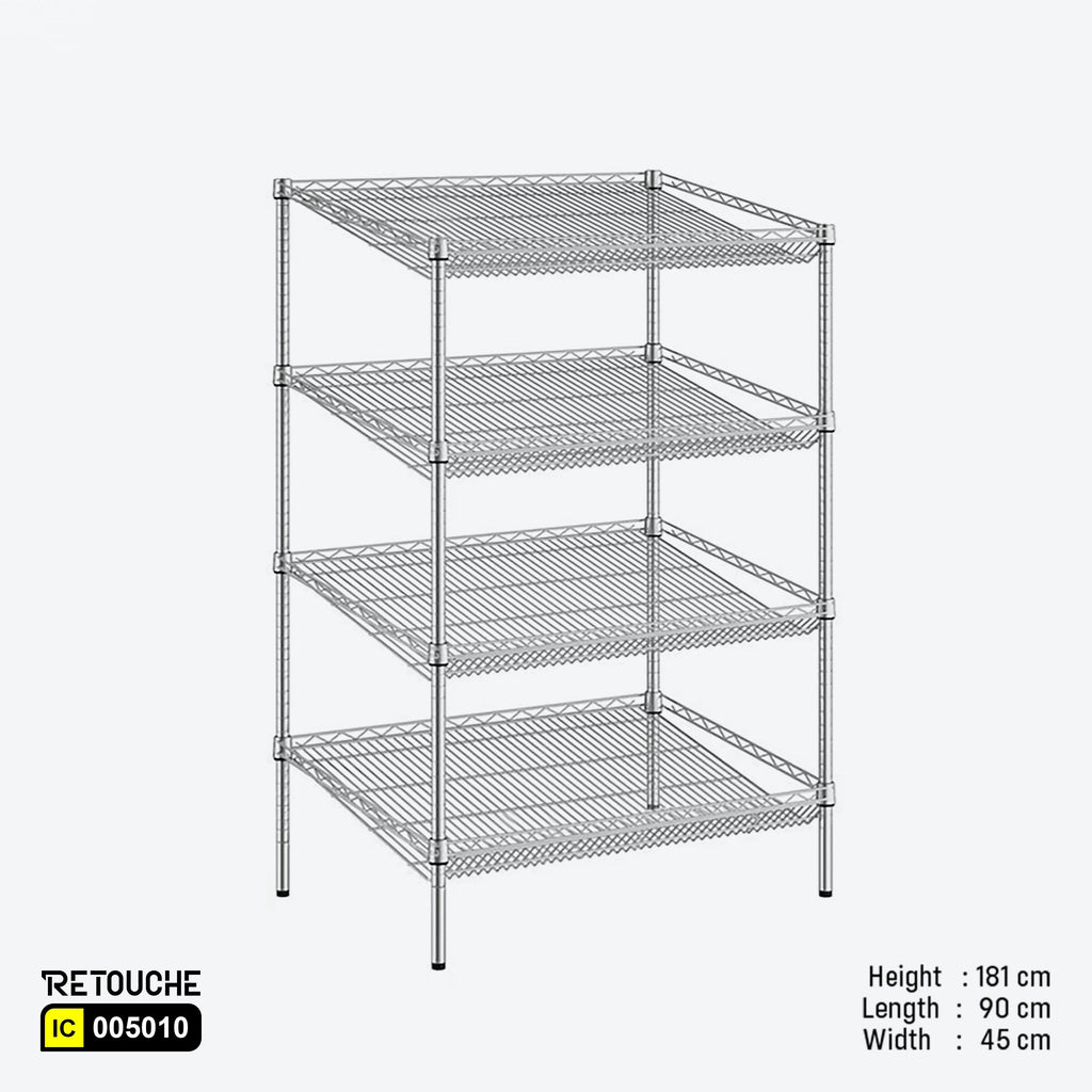Wire Shelving Rack, 4 Slanted Tiers, Carbon Steel, Chrome Finish. Shelving Systems
