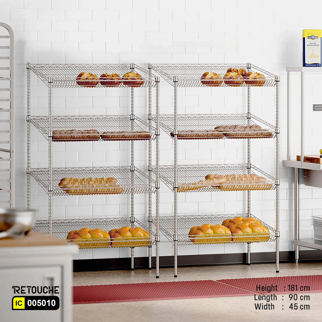 Wire Shelving Rack, 4 Slanted Tiers, Carbon Steel, Chrome Finish. Shelving Systems