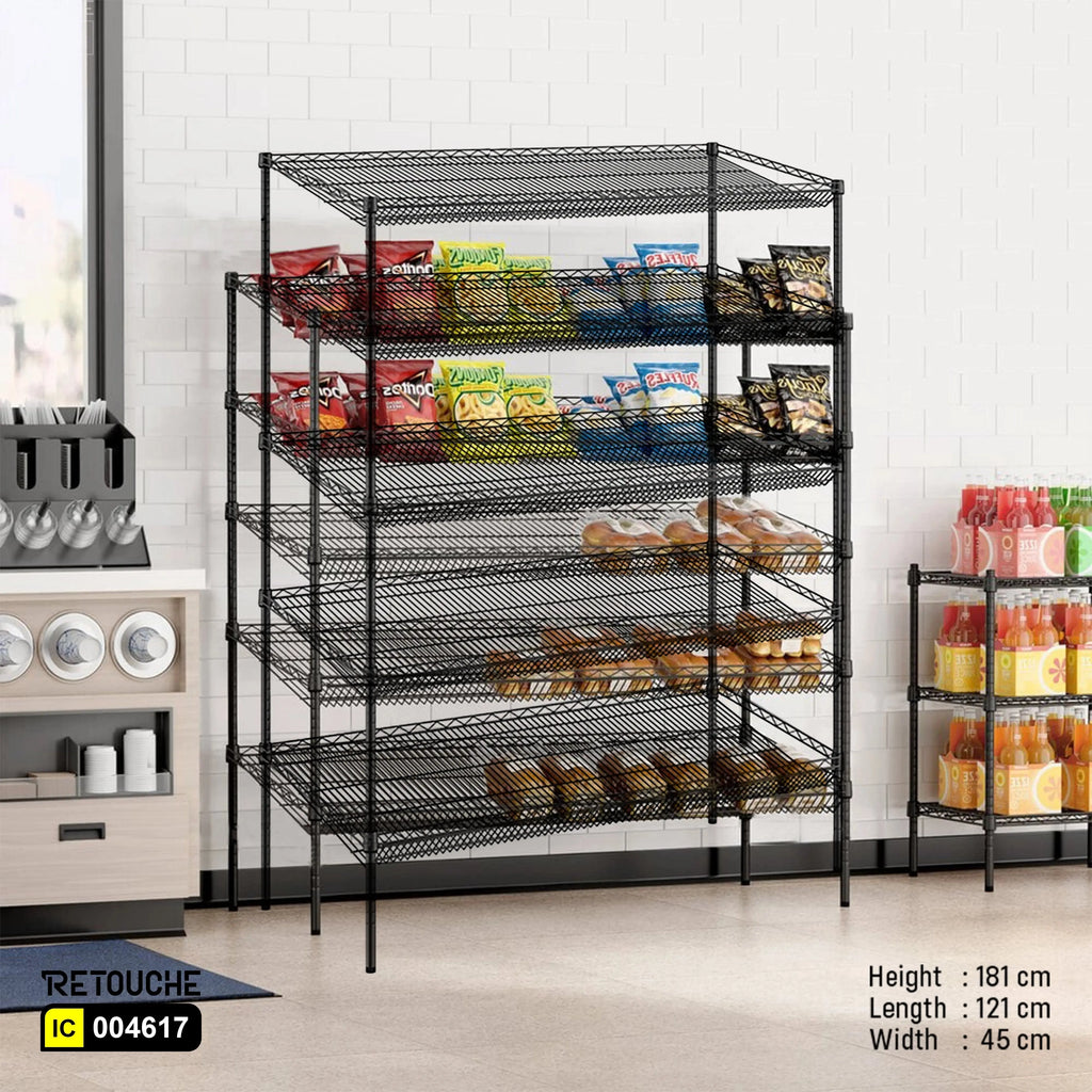 Wire Shelving Rack, 5 Slanted Tiers, Carbon Steel, Black Epoxy Coated Shelving Systems